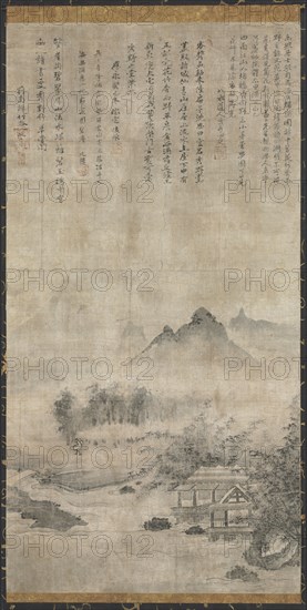 Landscape, c. 1414. Korea or Japan, Joseon period (1392-1910) or Muromachi Period (1392-1573). Hanging scroll; ink and color on silk; painting only: 102.8 x 54 cm (40 1/2 x 21 1/4 in.); including mounting: 182.9 x 60.7 cm (72 x 23 7/8 in.).
