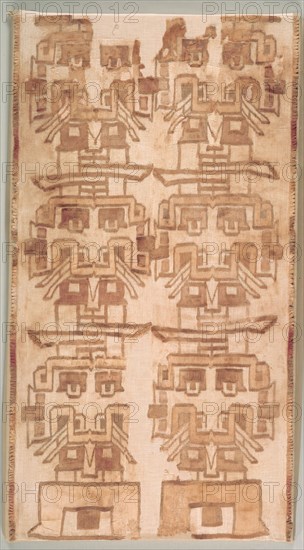 Two Textile Fragment with Fanged Heads, 500-200 BC. Peru, South Coast, Ica Valley, Chavin style (1000-200 BC). Cotton, plain weave patterned by fiber-wrapped warps and supplementary wefts; overall: 112 x 61.2 cm (44 1/8 x 24 1/8 in.)