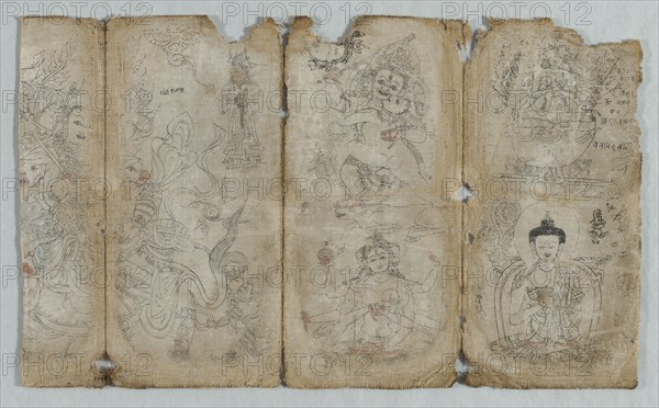 Iconographic Drawing:  Vaishravana, Yama, Vsnisavijaya, Tara and Buddha (recto), c. 1500. Tibet, early 15th Century. Ink and watercolor on cotton; overall: 20.3 x 12.7 cm (8 x 5 in.).
