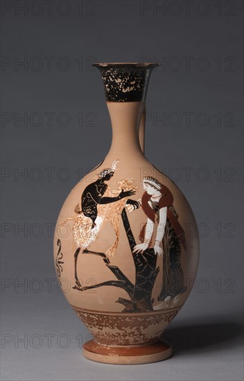 Paestan Black-Figure Lekythos, 330-300 BC. South Italy, Campania, 4th Century BC. Black-figure terracotta with added white, yellow, and red; diameter: 6.1 cm (2 3/8 in.); overall: 25.7 x 12.9 cm (10 1/8 x 5 1/16 in.); diameter of foot: 8.1 cm (3 3/16 in.)