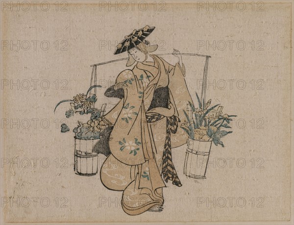 A Beauty Carrying Two Buckets of Flowers, c. 1696-1716. Style of Torii Kiyomasu (Japanese). Color woodblock print; sheet: 17.5 x 17 cm (6 7/8 x 6 11/16 in.).