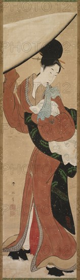 Lady with a Parasol, early 1800s. Koikawa Harumasa (Japanese). Hanging scroll; ink, color, gold, and silver pigments on paper; overall: 87.9 x 45 cm (34 5/8 x 17 11/16 in.); painting only: 103 x 27.6 cm (40 9/16 x 10 7/8 in.).