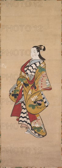 Courtesan, 18th century. Japan, Kaigetsudo school, Edo period (1615-1868). Hanging scroll; ink and color paper; overall: 182.9 x 53.4 cm (72 x 21 in.); overall: 181.6 x 47.8 cm (71 1/2 x 18 13/16 in.); painting only: 95.7 x 35.5 cm (37 11/16 x 14 in.); painting only: 97.4 x 35.5 cm (38 3/8 x 14 in.).