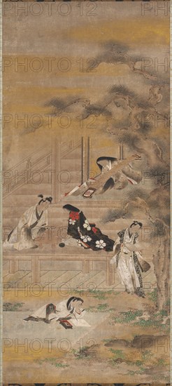 The Four Pleasures, 17th century. Attributed to Iwasa Matabei (Japanese, 1578-1650). Hanging scroll, ink, color and gold on paper; image: 115.9 x 51.3 cm (45 5/8 x 20 3/16 in.); overall: 211.1 x 64 cm (83 1/8 x 25 3/16 in.); with knobs: 211.1 x 69.6 cm (83 1/8 x 27 3/8 in.).
