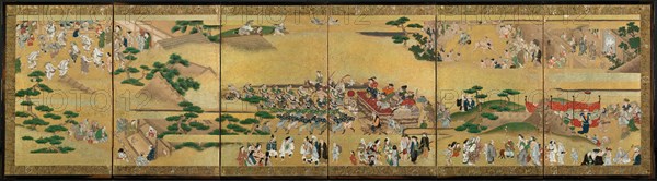 Festival Scenes, 1615-1699. Japan, Edo Period (1615-1868). Pair of six-panel folding screens; ink, color, gold, and gold leaf on paper; overall: 51.1 x 208.9 cm (20 1/8 x 82 1/4 in.).