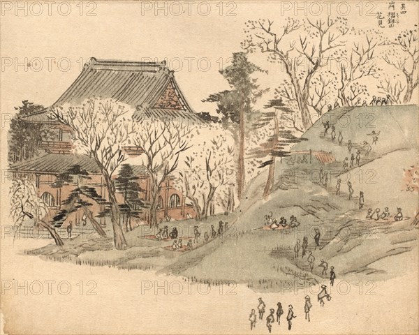 Cherry Blossom Festival at the Temple on Mt. Suribachi. Ando Hiroshige (Japanese, 1797-1858). Watercolor on paper; overall: 14.9 x 18.8 cm (5 7/8 x 7 3/8 in.).