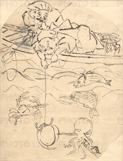 Daikoku and Ebisu, Two of the Seven Gods of Happiness. Utagawa Kuniyoshi (Japanese, 1797-1861). Ink on paper; sheet: 31.3 x 24.2 cm (12 5/16 x 9 1/2 in.).