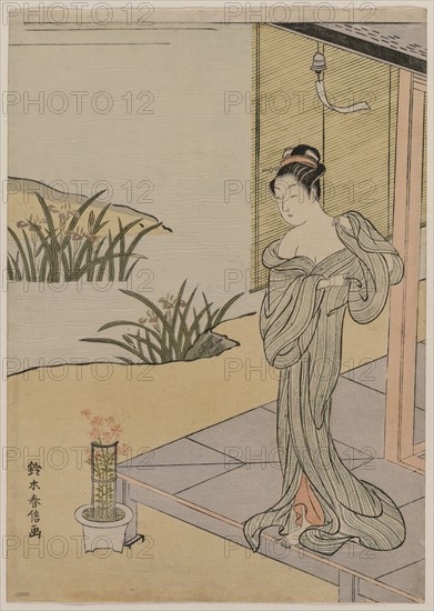 Young Woman Looking at a Pot of Pinks, c. 1767. Suzuki Harunobu (Japanese, 1724-1770). Color woodblock print, with embossing; sheet: 27 x 19.2 cm (10 5/8 x 7 9/16 in.).