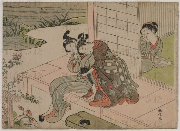 Woman Watching Young Couple Embrace on a Veranda, late 1760s. Suzuki Harunobu (Japanese, 1724-1770). Color woodblock print; sheet: 20.8 x 28.7 cm (8 3/16 x 11 5/16 in.).