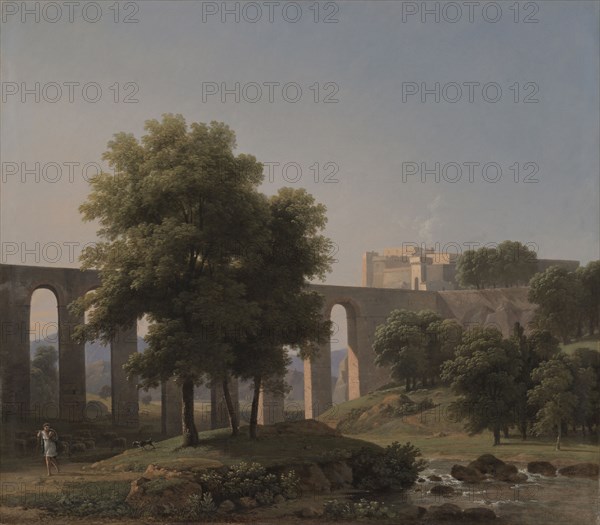 An Aqueduct Near a Fortress, 1807. Jean-Victor Bertin (French, 1767-1842). Oil on fabric; framed: 50.5 x 55 x 8 cm (19 7/8 x 21 5/8 x 3 1/8 in.); unframed: 35.8 x 40.8 cm (14 1/8 x 16 1/16 in.)