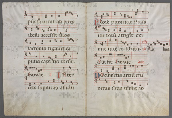 Bifolium from an Antiphonary: Music, c. 1320-1340. Primo Miniatore di San Domenico (Italian). Ink, tempera, and gold on parchment; sheet: 51 x 37.7 cm (20 1/16 x 14 13/16 in.)