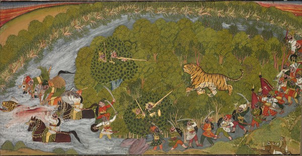 Tiger Hunt, c. 1800. India, Kotah School, Raja Umed Singh period (1771-1820). Ink and color on paper; sheet: 25.3 x 49.1 cm (9 15/16 x 19 5/16 in.).