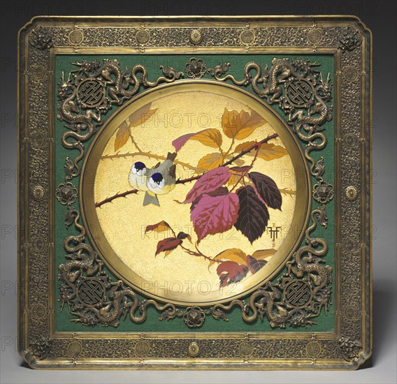 Plaque: Two Birds on a Thorny Bough, 1879. Fernand Thesmar (French, 1843-1912). Cloisonné and painted enamel mounted in gilt metal frame; framed: 50.7 x 50.7 cm (19 15/16 x 19 15/16 in.); diameter: 28.9 cm (11 3/8 in.).