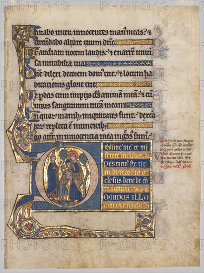 Single Leaf Excised from a Psalter: Initial D[ominus illuminatio mea] with Samuel Anointing David, c. 1270-1290. Northeastern France, 13th century. Ink, tempera, and gold on vellum; sheet: 26.1 x 19.3 cm (10 1/4 x 7 5/8 in.)