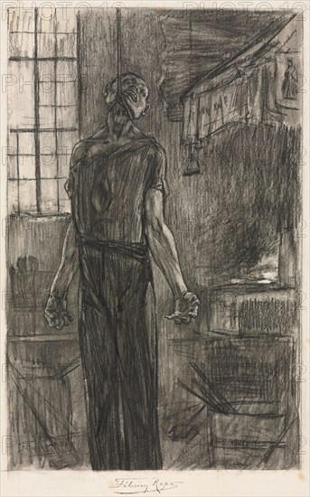 The Hanged Man in the Forge, c. 1880. Félicien Rops (Belgian, 1833-1898). Black chalk? and black crayon with stumping (scratched away in places); framing lines in black chalk?; sheet: 27.8 x 22 cm (10 15/16 x 8 11/16 in.); image: 20.9 x 13.3 cm (8 1/4 x 5 1/4 in.).