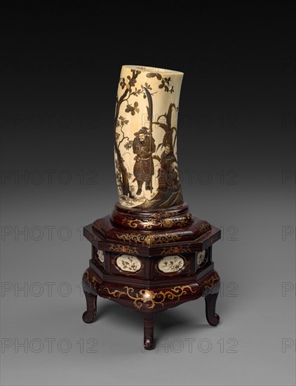 Ivory Tusk Vase, c1800s. Japan, 19th century. Carved ivory, pigment; overall: 27 cm (10 5/8 in.); base: 20 cm (7 7/8 in.).