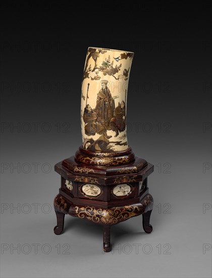 Ivory Tusk Vase, c1800s. Japan, 19th century. Carved ivory, pigment; overall: 27 cm (10 5/8 in.); base: 20 cm (7 7/8 in.).