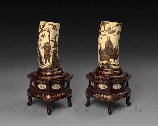 Ivory Tusk Vases, c1800s. Japan, 19th century. Carved ivory, pigment; overall: 27 cm (10 5/8 in.); base: 20 cm (7 7/8 in.).