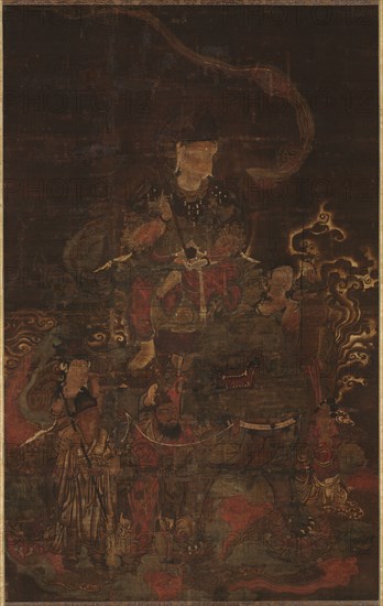 Monju and Attendants, 1200s. Japan, Kamakura period (1185-1333). Hanging scroll; ink and color on silk; image: 96 x 60.5 cm (37 13/16 x 23 13/16 in.); overall: 195.6 x 88.9 cm (77 x 35 in.).