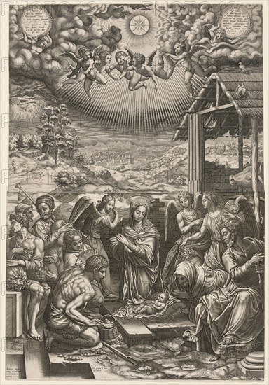The Nativity, 1553. Giorgio Ghisi (Italian, 1520-1582), Hieronymus Cock, after Agnolo Bronzino (Italian, 1503-1572). Engraving; overall: 67.5 x 45.6 cm (26 9/16 x 17 15/16 in.); part 1: 32.9 x 45 cm (12 15/16 x 17 11/16 in.); part 2: 34 x 45.6 cm (13 3/8 x 17 15/16 in.)
