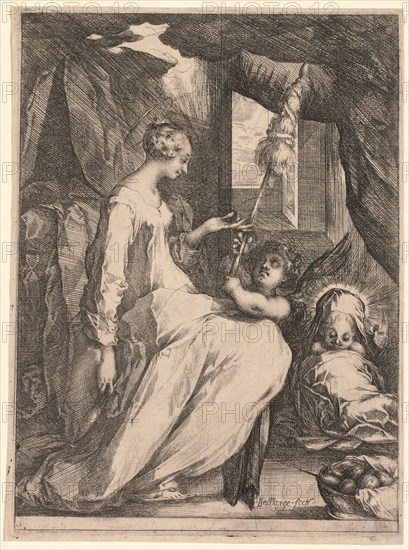 The Virgin and Child with Distaff and an Angel, c. 1611-1613. Jacques Bellange (French, c.1575-1616). Etching and engraving; sheet: 26.1 x 19.3 cm (10 1/4 x 7 5/8 in.); platemark: 25.1 x 18.7 cm (9 7/8 x 7 3/8 in.)