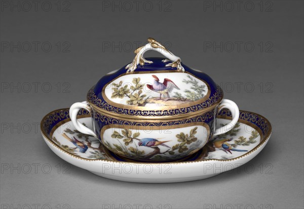 Broth Basin with Cover and Stand, 1772. Sèvres Porcelain Manufactory (French, est. 1740), François-Joseph Aloncle (French). Soft-paste porcelain with enamel and gilt decoration; overall: 11.2 x 20.2 cm (4 7/16 x 7 15/16 in.); part 1: 10.2 x 14.8 cm (4 x 5 13/16 in.).