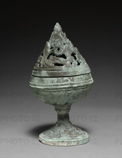 Incense Burner (Boshan Lu), 200-100 BC. China, Western Han dynasty (202 BC-AD 9). Bronze; diameter: 9.9 cm (3 7/8 in.); overall: 18.4 cm (7 1/4 in.); lid: 7.8 x 9.1 cm (3 1/16 x 3 9/16 in.); container: 11.3 cm (4 7/16 in.).