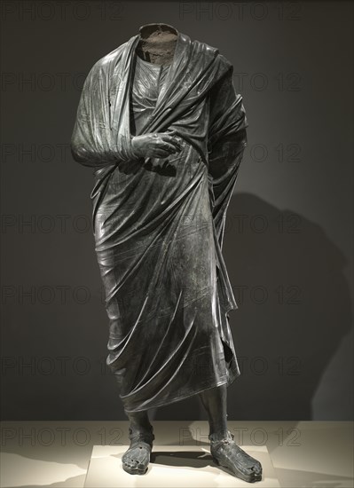 The Emperor as Philosopher, probably Marcus Aurelius (reigned AD 161-180), c. 180-200. Turkey, Bubon(?) (in Lycia), Roman, late 2nd Century. Bronze, hollow cast in several pieces and joined; overall: 193 cm (76 in.).