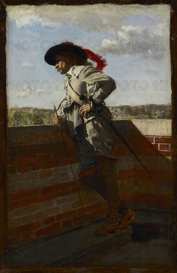 On a Terrace, 1867. Ernest Meissonier (French, 1815-1891). Oil on wood panel; framed: 50.5 x 40 x 8 cm (19 7/8 x 15 3/4 x 3 1/8 in.); unframed: 30.2 x 10 cm (11 7/8 x 3 15/16 in.)