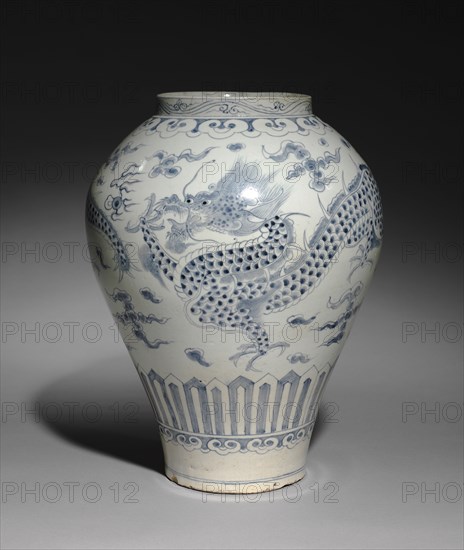 Jar with Dragon Design, 1700s. Korea, Joseon dynasty (1392-1910). Porcelain with underglaze blue ; diameter of base: 14.7 cm (5 13/16 in.); overall: 39.5 cm (15 9/16 in.).