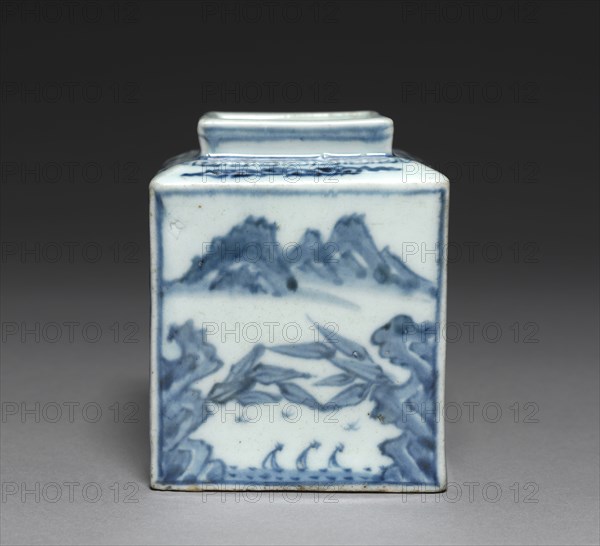 Square-shaped Bottle with the Scenery of the Han River, 1800s. Korea, Joseon dynasty (1392-1910). Porcelain with underglaze cobalt blue decoration