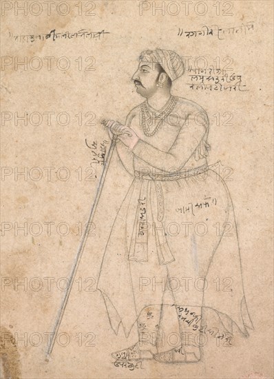 Portrait of Maharaja Rai Singh of Bikaner (reigned 1571-1612), 1605-10. Nur Muhammad (Indian, active c. 1580-1630). Ink and opaque pigment on paper; image: 20.5 x 14.6 cm (8 1/16 x 5 3/4 in.); paper: 42.4 x 26 cm (16 11/16 x 10 1/4 in.).