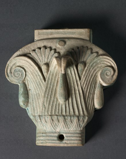 Box (Pyxis) in the Form of a Composite Capital, 305-30 BC. Egypt, Ptolemaic Dynasty. Pale robin's-egg blue faience; box: 11.4 x 10.8 x 2 cm (4 1/2 x 4 1/4 x 13/16 in.); lid: 11.2 x 10.8 x 3.1 cm (4 7/16 x 4 1/4 x 1 1/4 in.).