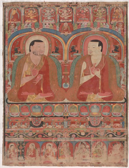 Portrait of Two Lamas, c. 1300. Central Tibet, late 12th-early 13th Century. Mineral pigments on cotton; overall: 51.4 x 39.4 cm (20 1/4 x 15 1/2 in.).