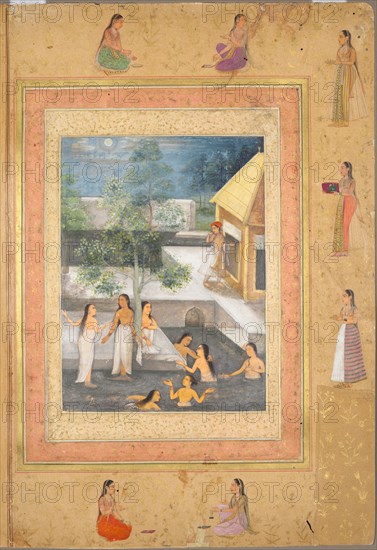 Harem Night-Bathing Scene (recto): Calligraphy Framed by an Ornamental Border of Flowers and Birds (verso), c. 1650. India, Mughal Dynasty (1526-1756), 17th Century. Ink and color on paper; overall: 37.8 x 27.6 cm (14 7/8 x 10 7/8 in.); painting only: 19.4 x 14.1 cm (7 5/8 x 5 9/16 in.).