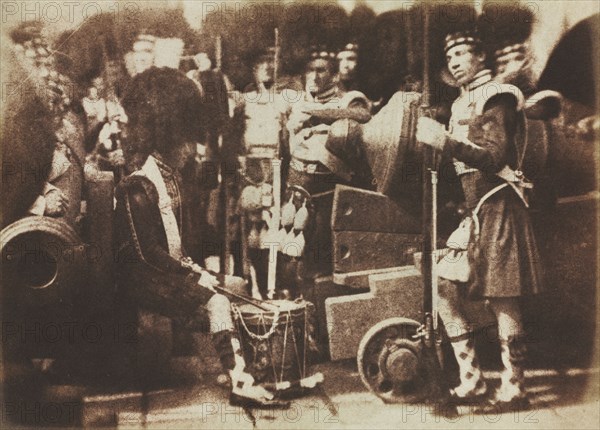 Scots Guards at Edinburgh Castle, 1846. David Octavius Hill (British, 1802-1870), and Robert Adamson (British, 1821-1848). Salted paper print from calotype negative; image: 14 x 19.5 cm (5 1/2 x 7 11/16 in.); matted: 35.6 x 45.7 cm (14 x 18 in.)