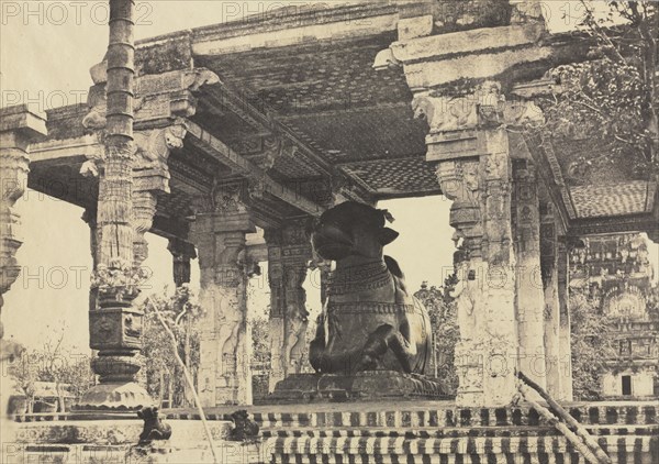 Great Pagoda, Great Bull, Front View, Tanjore, India (Rajarajesvara Temple), 1857. Captain Linnaeus Tripe (British, 1822-1902), Madras Presidency. Salted paper print from calotype negative; image: 27.2 x 38 cm (10 11/16 x 14 15/16 in.); paper: 28 x 39.1 cm (11 x 15 3/8 in.); matted: 50.8 x 61 cm (20 x 24 in.)