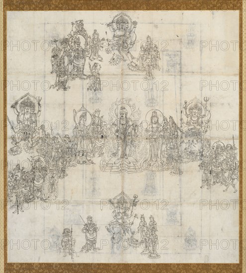 Iconographical Sketch (Zuzo) for the Benevolent Kings Sutra Mandala, 1100s. Japan, Heian period (794-1185). Hanging scroll; ink on paper; image: 122.1 x 112.3 cm (48 1/16 x 44 3/16 in.); overall: 203.2 x 137.1 cm (80 x 54 in.).