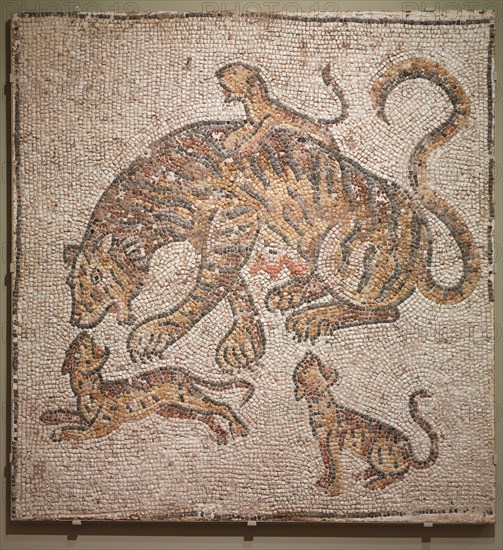 Tigress and Cubs, 300s. Italy, Roman, Eastern Roman Empire, 4th century. Tesserae; overall: 142.9 x 135.4 cm (56 1/4 x 53 5/16 in.).