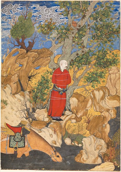 Aulad Tied to a Plane Tree, from a Shahnama by Firdausi, 1575-1600. Sadiqi Bek (Iranian, 1533-1609). Opaque watercolor, gold, and silver on paper; sheet: 33.5 x 23.5 cm (13 3/16 x 9 1/4 in.); image: 33.5 x 23.5 cm (13 3/16 x 9 1/4 in.).