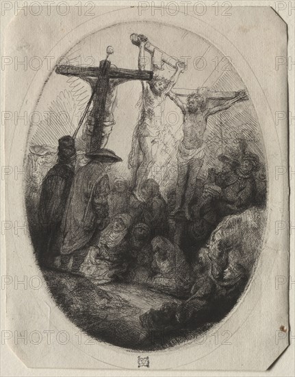 Christ Crucfied Between Two Thieves:  An Oval Plate, c. 1641. Rembrandt van Rijn (Dutch, 1606-1669). Etching and drypoint; sheet: 14.8 x 11.6 cm (5 13/16 x 4 9/16 in.); platemark: 13.6 x 10.1 cm (5 3/8 x 4 in.)