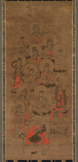 Twelve Buddhas and Kobo Daishi (Jusanbutsu), late 17th century. Japan, Edo period (1615-1868). Stencil print (Kappa-zuri); ink and color on paper; overall: 139.7 x 40.7 cm (55 x 16 in.); painting only: 56.5 x 24 cm (22 1/4 x 9 7/16 in.).