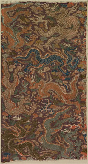 Dragons Chasing Flaming Pearls, 1200s or earlier. Central China, 13th century or earlier. Tapestry, silk and gold thread; overall: 60 x 32 cm (23 5/8 x 12 5/8 in.)
