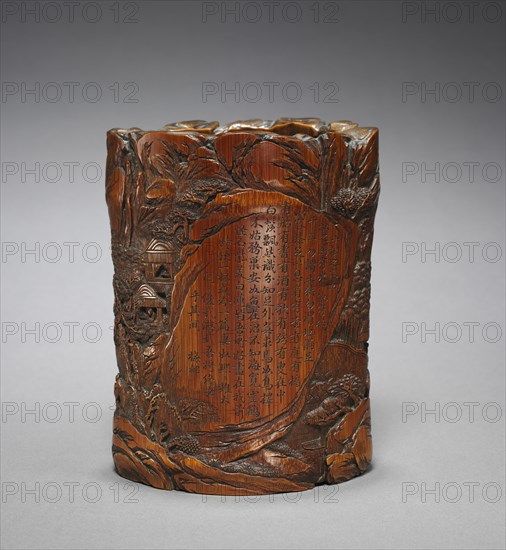 Brush Holder with Figures in Landscape and Poetic Inscription, 1700s. China, Qing dynasty (1644-1911). Carved bamboo; overall: 16 x 12.4 cm (6 5/16 x 4 7/8 in.).