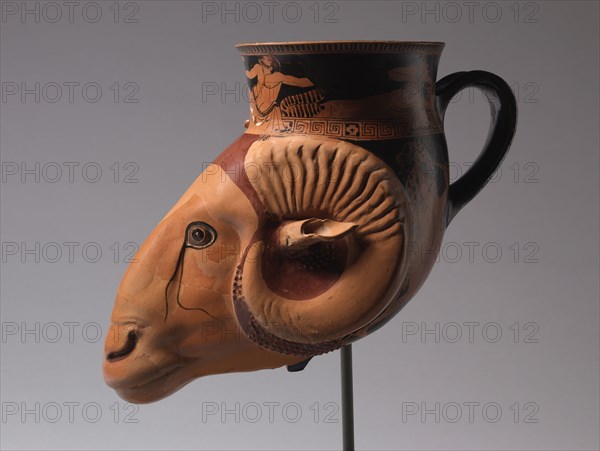 Ram-Head Rhyton, c. 480-470 BC. Brygos Painter (Greek). Earthenware with slip decoration; overall: 19 x 12.8 cm (7 1/2 x 5 1/16 in.); diameter of rim: 11.4 cm (4 1/2 in.).