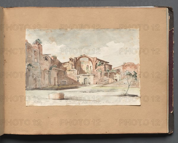Album with Views of Rome and Surroundings, Landscape Studies, page 22a: "Terme di Diocleziano, Rome". Franz Johann Heinrich Nadorp (German, 1794-1876). Watercolor with graphite on white paper laid down on brown paper;