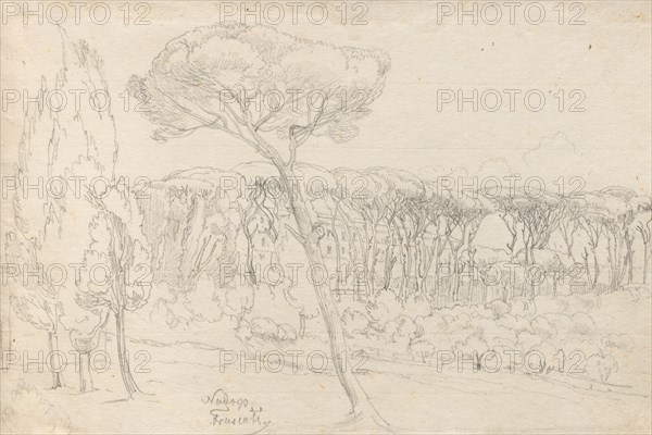 Album with Views of Rome and Surroundings, Landscape Studies, page 46a: "Frasciti". Franz Johann Heinrich Nadorp (German, 1794-1876). Graphite on white paper laid down on yellow paper;
