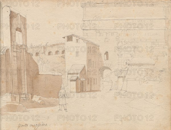Album with Views of Rome and Surroundings, Landscape Studies, page 11a: "Porta Maggiore". Franz Johann Heinrich Nadorp (German, 1794-1876). Graphite with brown wash