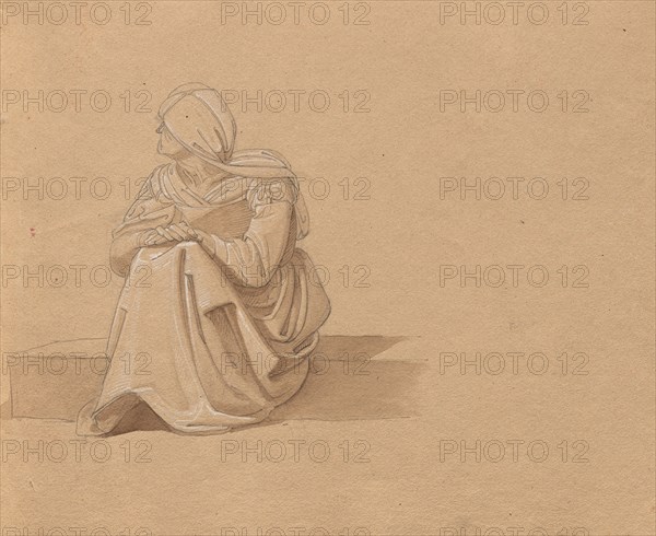 Album with Views of Rome and Surroundings, Landscape Studies, page 19a: Seated Female Figure. Franz Johann Heinrich Nadorp (German, 1794-1876). Graphite and brown wash with white heightening on brown paper