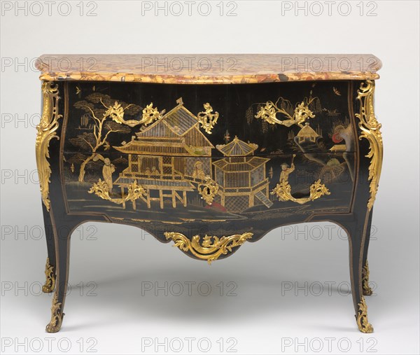 Chest of Drawers (Commode), c. 1750- 1765. Probably by Adrien Faizelot Delorme (French). Oak, black lacquer with raised chinoiserie decoration, gilt metal mounts, marble top; overall: 89.6 x 128.3 x 81.9 cm (35 1/4 x 50 1/2 x 32 1/4 in.).